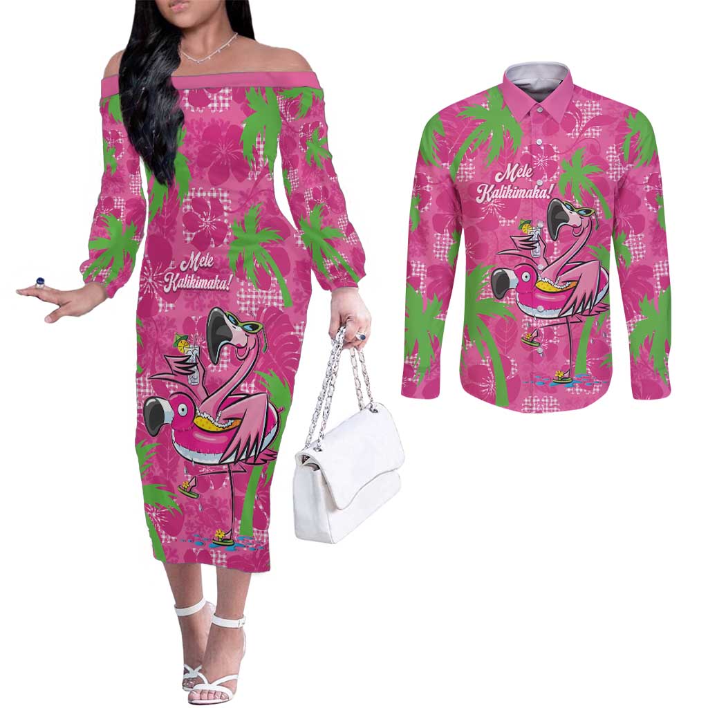 Aloha Hawaii Christmas Couples Matching Off The Shoulder Long Sleeve Dress and Long Sleeve Button Shirt Mele Kalikimaka Chill Flamingo Palaka Quilt Motifs - Polynesian Pride