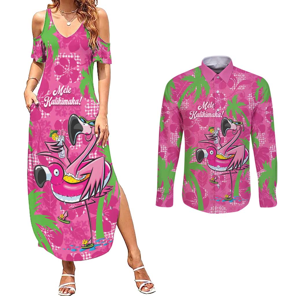 Aloha Hawaii Christmas Couples Matching Summer Maxi Dress and Long Sleeve Button Shirt Mele Kalikimaka Chill Flamingo Palaka Quilt Motifs - Polynesian Pride