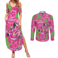 Aloha Hawaii Christmas Couples Matching Summer Maxi Dress and Long Sleeve Button Shirt Mele Kalikimaka Chill Flamingo Palaka Quilt Motifs - Polynesian Pride