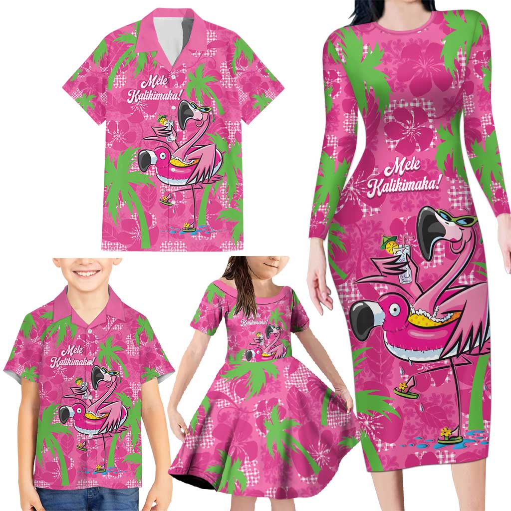 Aloha Hawaii Christmas Family Matching Long Sleeve Bodycon Dress and Hawaiian Shirt Mele Kalikimaka Chill Flamingo Palaka Quilt Motifs - Polynesian Pride