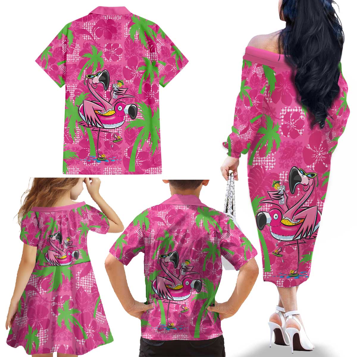 Aloha Hawaii Christmas Family Matching Off The Shoulder Long Sleeve Dress and Hawaiian Shirt Mele Kalikimaka Chill Flamingo Palaka Quilt Motifs - Polynesian Pride