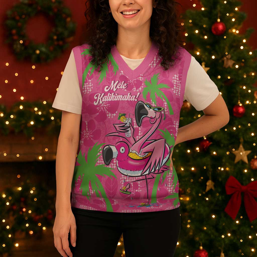 Aloha Hawaii Christmas Knitted V-Neck Vest Mele Kalikimaka Chill Flamingo Palaka Quilt Motifs - Polynesian Pride