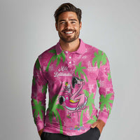 Aloha Hawaii Christmas Long Sleeve Polo Shirt Mele Kalikimaka Chill Flamingo Palaka Quilt Motifs - Polynesian Pride
