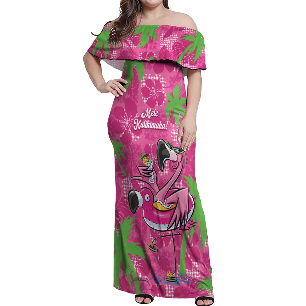 Aloha Hawaii Christmas Off Shoulder Maxi Dress Mele Kalikimaka Chill Flamingo Palaka Quilt Motifs - Polynesian Pride