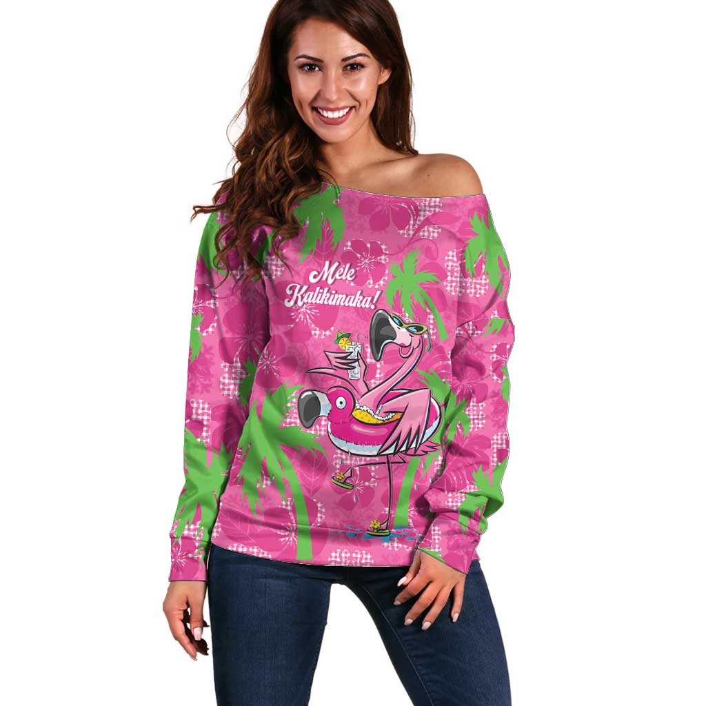 Aloha Hawaii Christmas Off Shoulder Sweater Mele Kalikimaka Chill Flamingo Palaka Quilt Motifs - Polynesian Pride