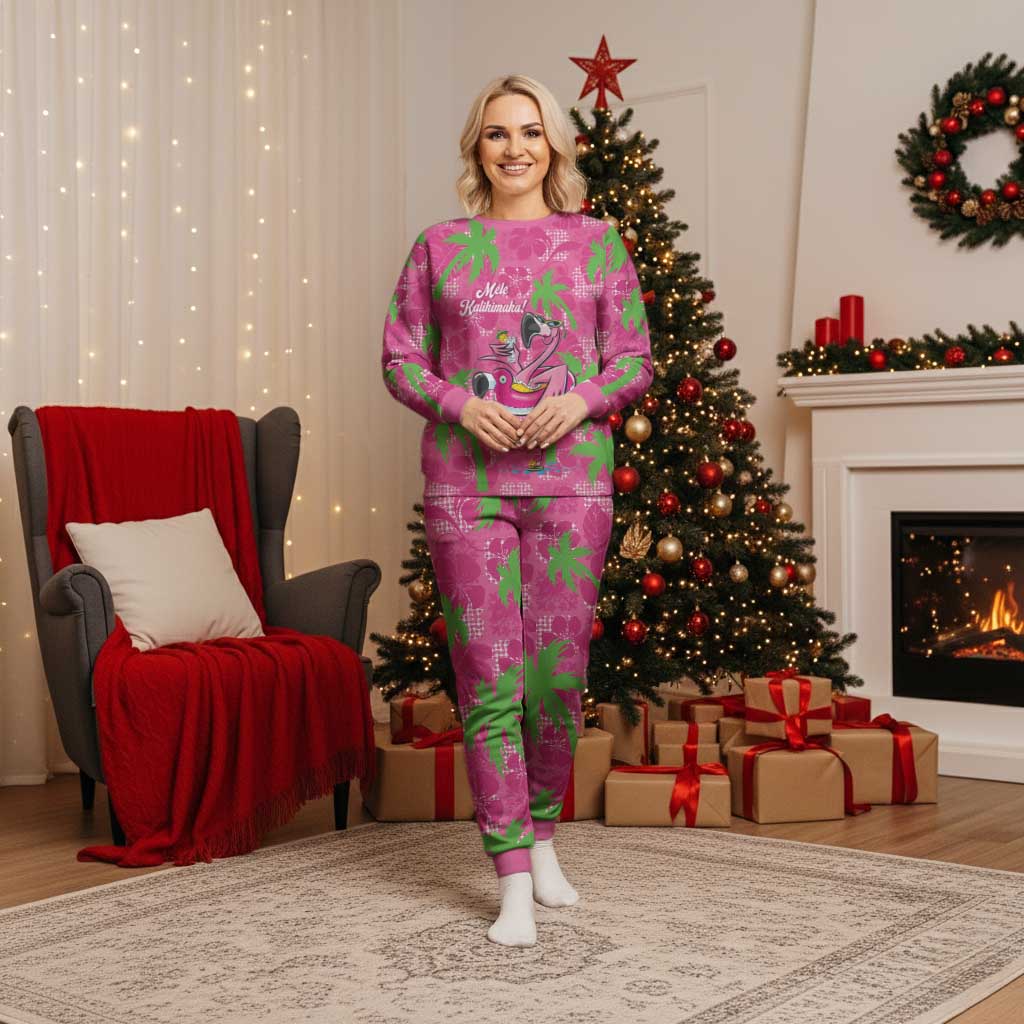 Aloha Hawaii Christmas Pajama Set Mele Kalikimaka Chill Flamingo Palaka Quilt Motifs - Polynesian Pride
