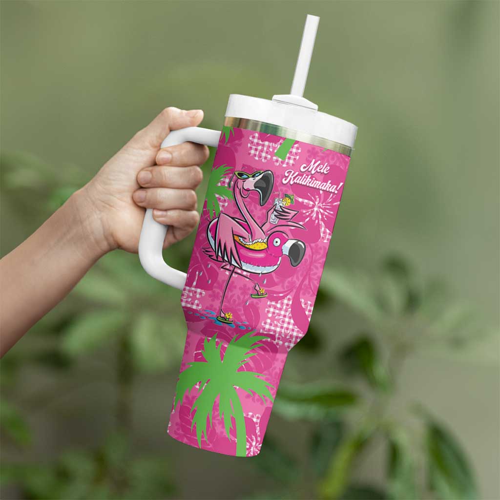Aloha Hawaii Christmas Tumbler With Handle Mele Kalikimaka Chill Flamingo Palaka Quilt Motifs - Polynesian Pride