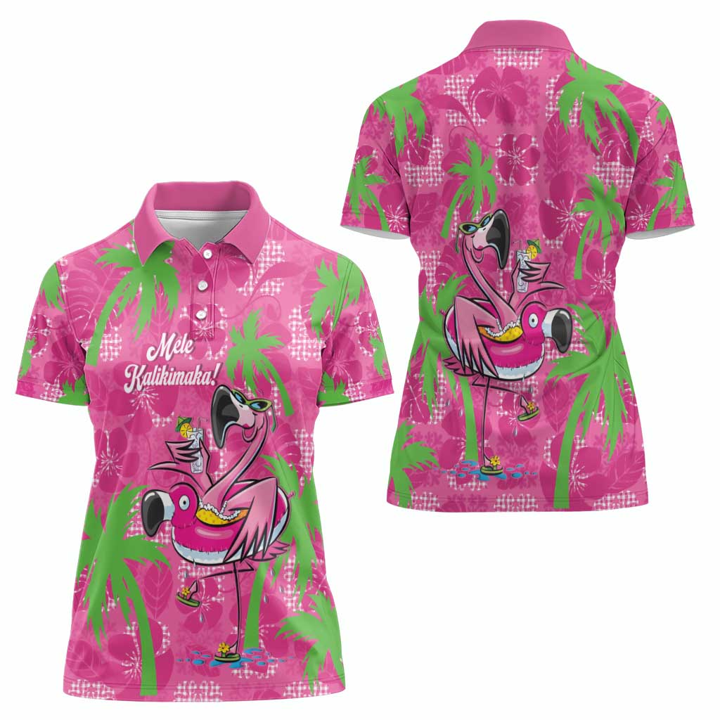 Aloha Hawaii Christmas Women Polo Shirt Mele Kalikimaka Chill Flamingo Palaka Quilt Motifs - Polynesian Pride