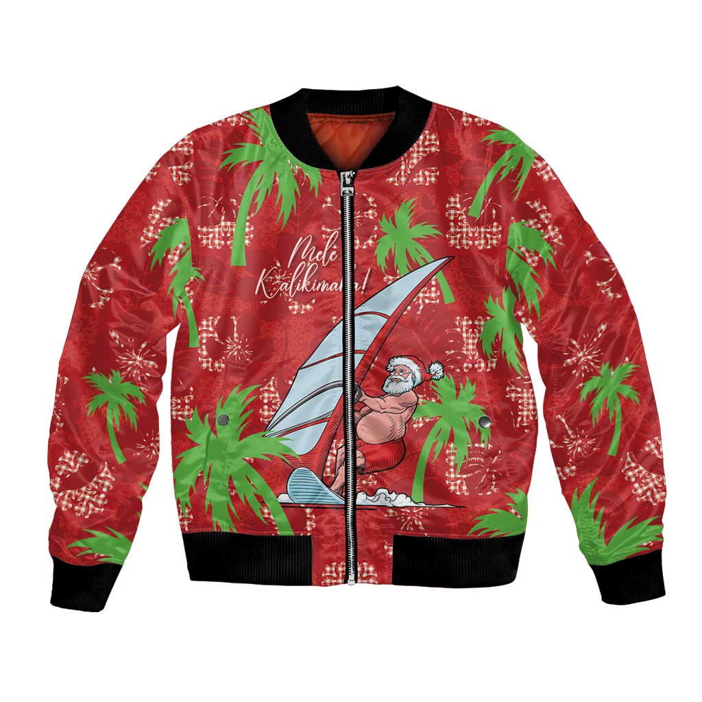 Aloha Hawaii Christmas Bomber Jacket Mele Kalikimaka Windsurfing Santa Palaka Quilt Motifs - Polynesian Pride