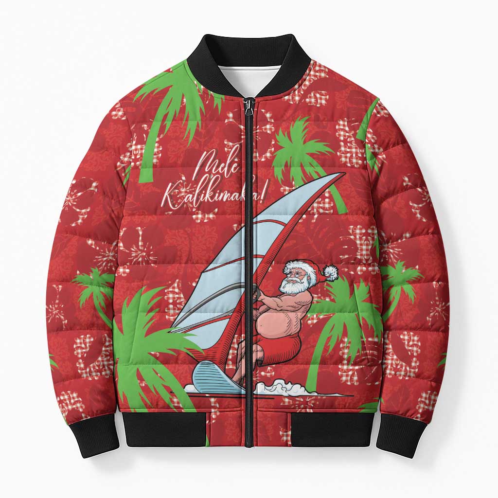 Aloha Hawaii Christmas Bomber Puffer Jacket Mele Kalikimaka Windsurfing Santa Palaka Quilt Motifs - Polynesian Pride