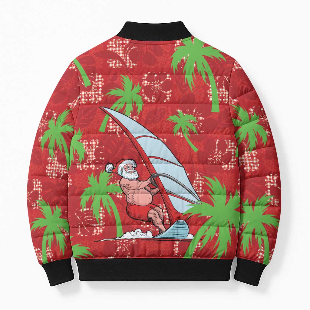 Aloha Hawaii Christmas Bomber Puffer Jacket Mele Kalikimaka Windsurfing Santa Palaka Quilt Motifs - Polynesian Pride