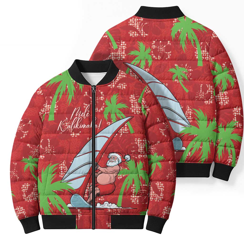 Aloha Hawaii Christmas Bomber Puffer Jacket Mele Kalikimaka Windsurfing Santa Palaka Quilt Motifs - Polynesian Pride