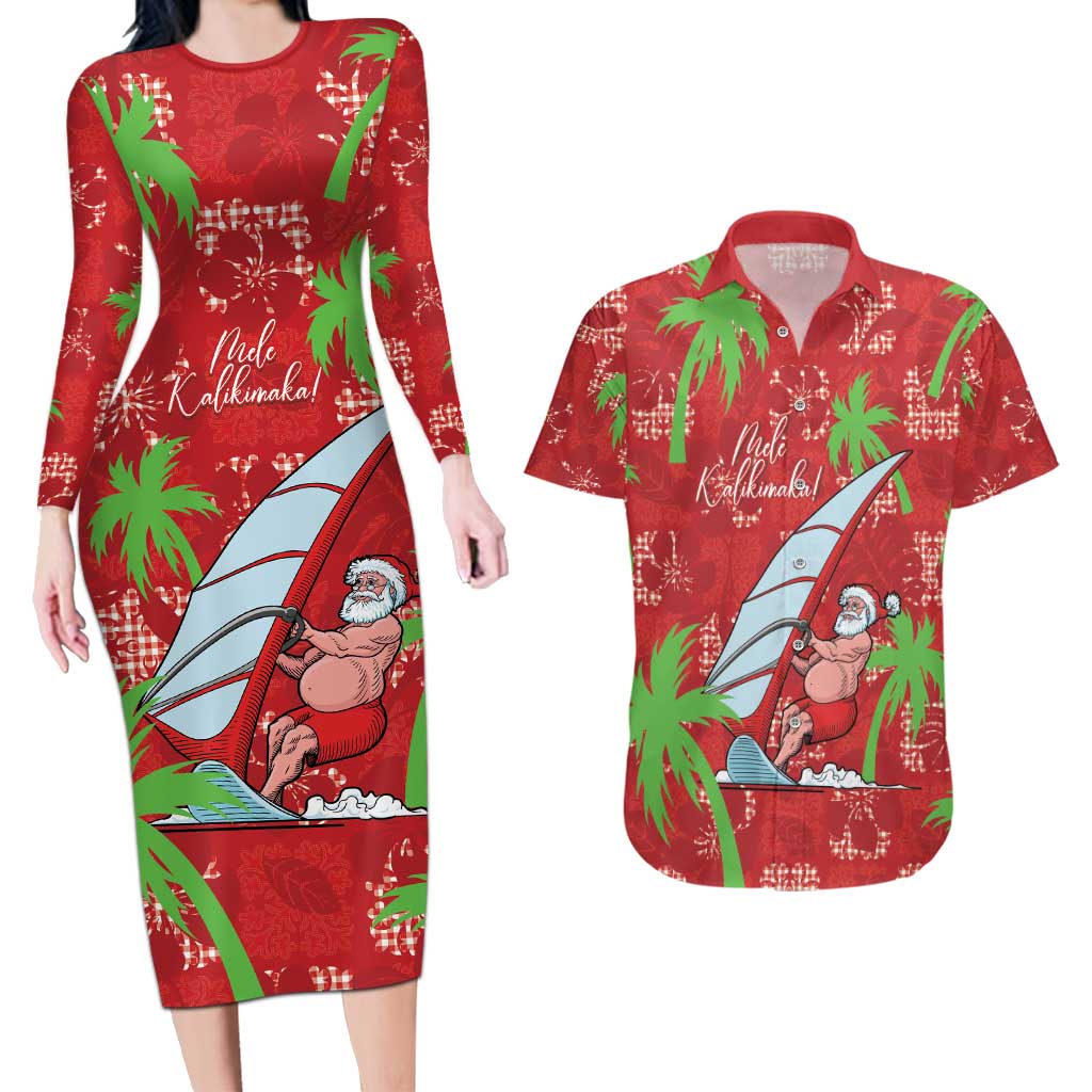 Aloha Hawaii Christmas Couples Matching Long Sleeve Bodycon Dress and Hawaiian Shirt Mele Kalikimaka Windsurfing Santa Palaka Quilt Motifs - Polynesian Pride