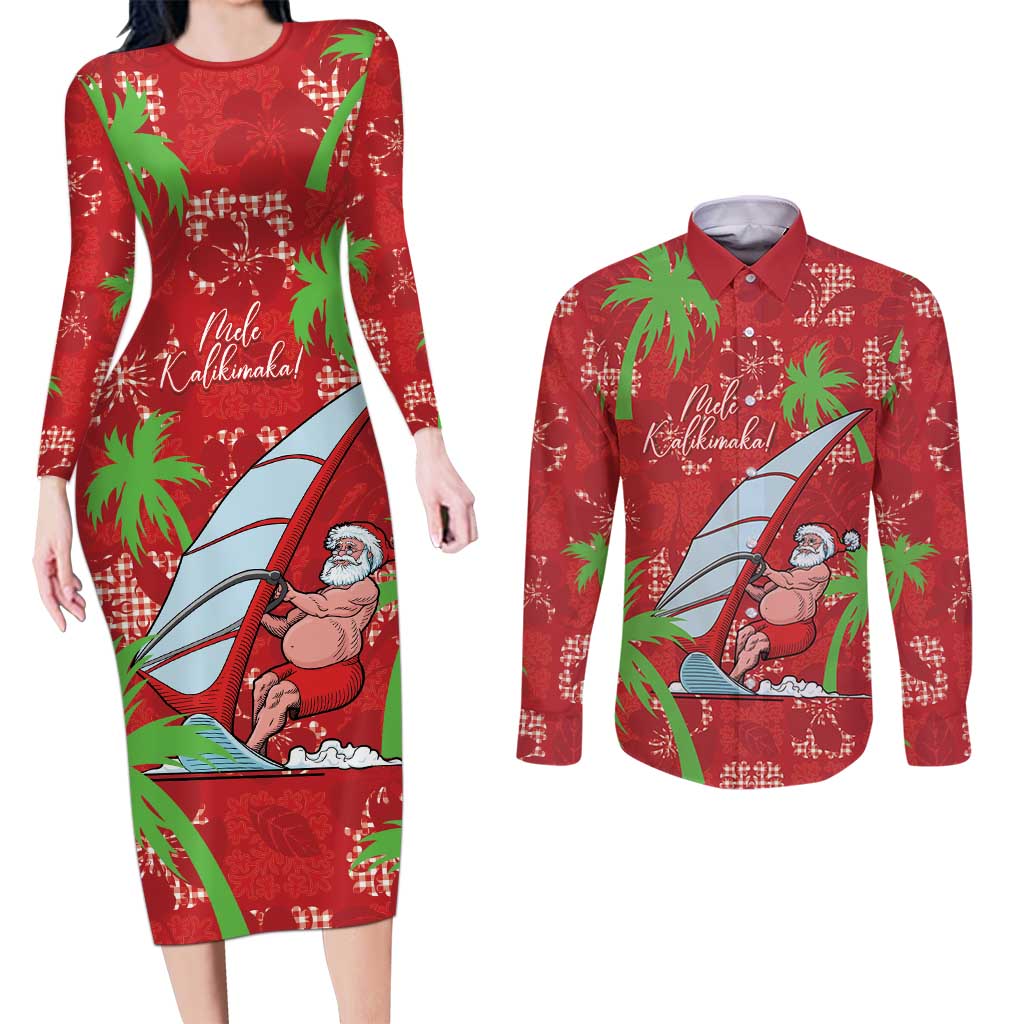 Aloha Hawaii Christmas Couples Matching Long Sleeve Bodycon Dress and Long Sleeve Button Shirt Mele Kalikimaka Windsurfing Santa Palaka Quilt Motifs - Polynesian Pride