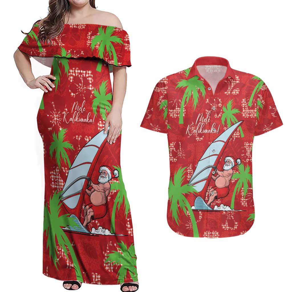Aloha Hawaii Christmas Couples Matching Off Shoulder Maxi Dress and Hawaiian Shirt Mele Kalikimaka Windsurfing Santa Palaka Quilt Motifs - Polynesian Pride