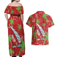 Aloha Hawaii Christmas Couples Matching Off Shoulder Maxi Dress and Hawaiian Shirt Mele Kalikimaka Windsurfing Santa Palaka Quilt Motifs - Polynesian Pride