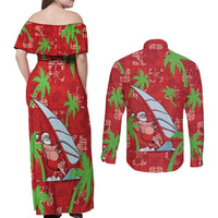 Aloha Hawaii Christmas Couples Matching Off Shoulder Maxi Dress and Long Sleeve Button Shirt Mele Kalikimaka Windsurfing Santa Palaka Quilt Motifs - Polynesian Pride