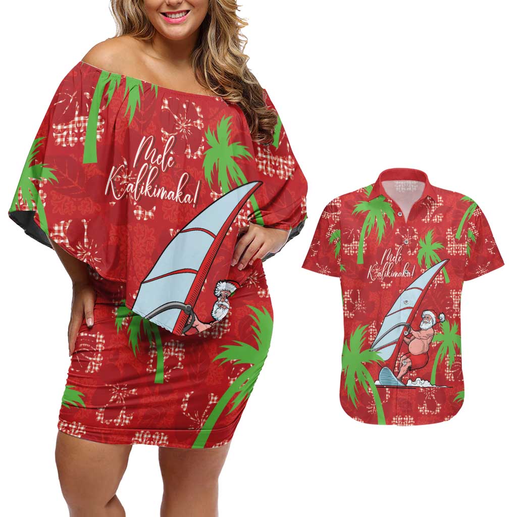 Aloha Hawaii Christmas Couples Matching Off Shoulder Short Dress and Hawaiian Shirt Mele Kalikimaka Windsurfing Santa Palaka Quilt Motifs - Polynesian Pride