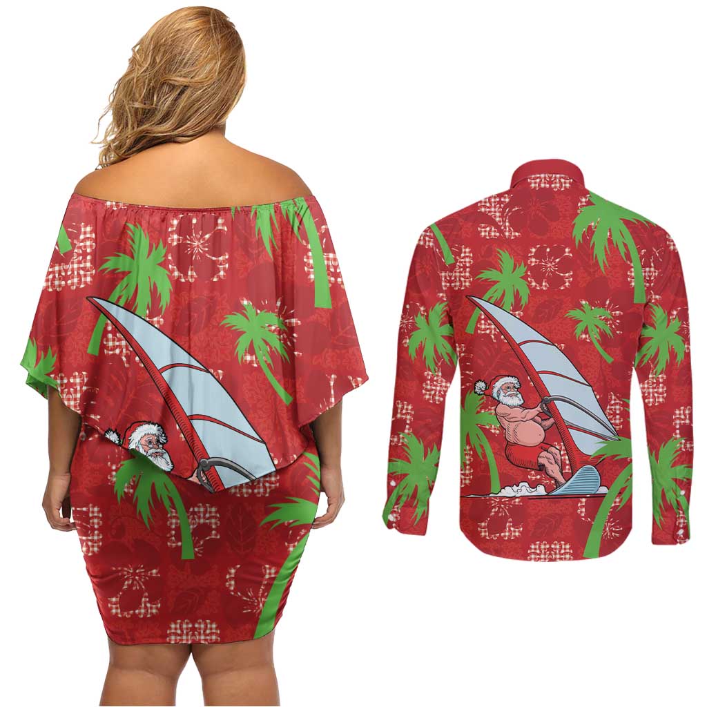 Aloha Hawaii Christmas Couples Matching Off Shoulder Short Dress and Long Sleeve Button Shirt Mele Kalikimaka Windsurfing Santa Palaka Quilt Motifs - Polynesian Pride