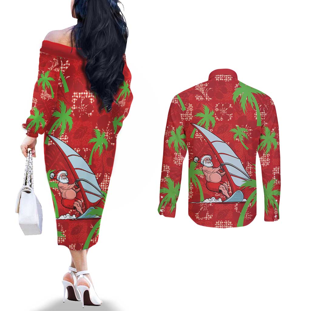 Aloha Hawaii Christmas Couples Matching Off The Shoulder Long Sleeve Dress and Long Sleeve Button Shirt Mele Kalikimaka Windsurfing Santa Palaka Quilt Motifs - Polynesian Pride