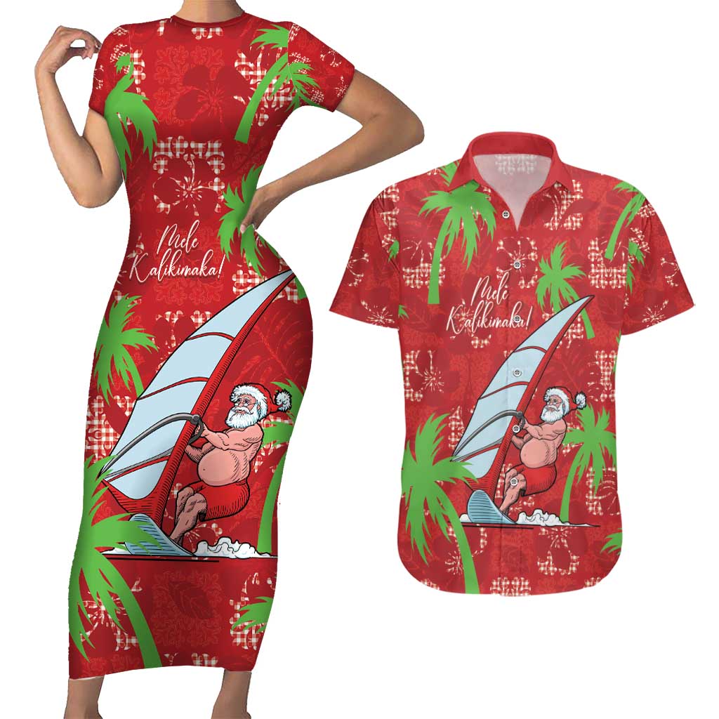 Aloha Hawaii Christmas Couples Matching Short Sleeve Bodycon Dress and Hawaiian Shirt Mele Kalikimaka Windsurfing Santa Palaka Quilt Motifs - Polynesian Pride
