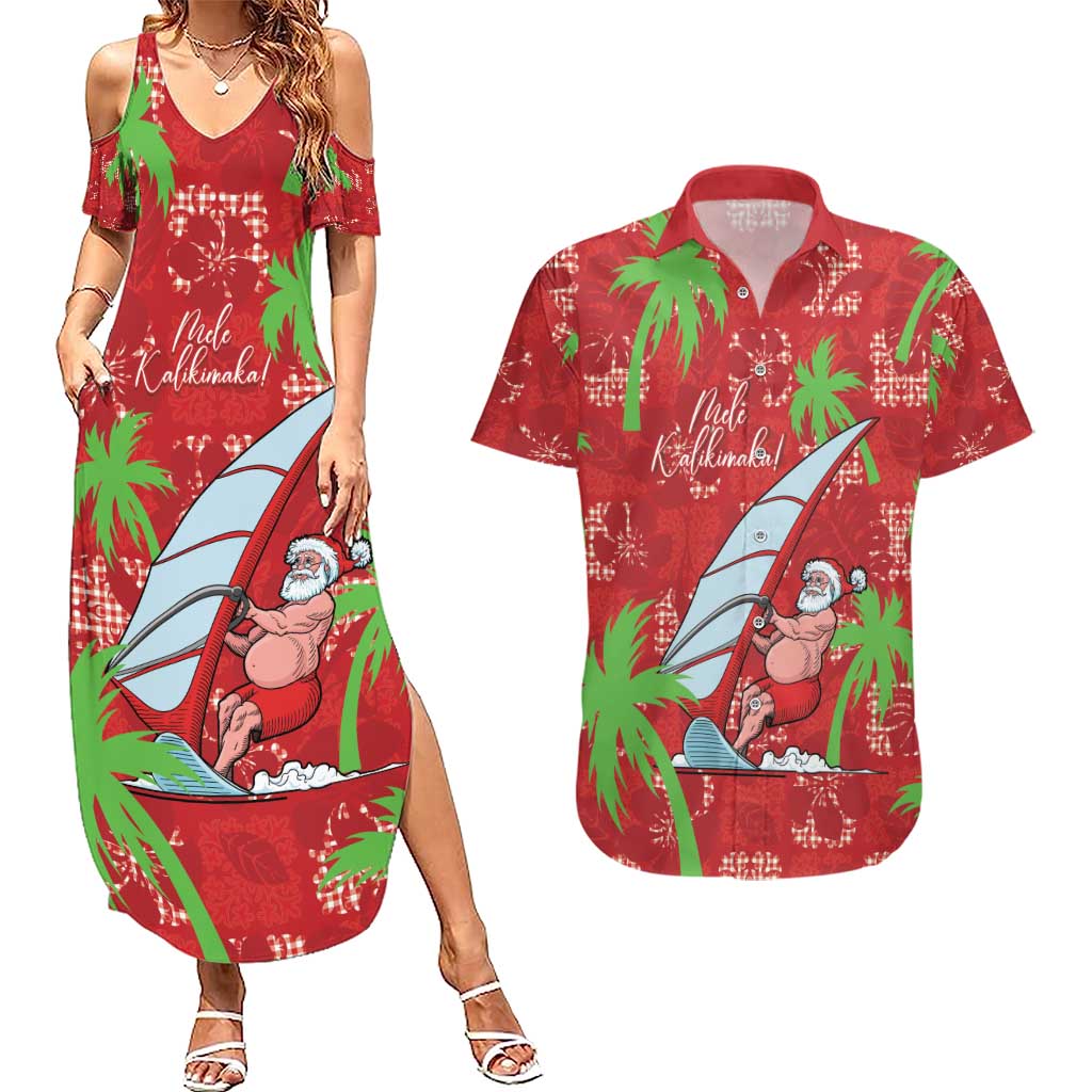 Aloha Hawaii Christmas Couples Matching Summer Maxi Dress and Hawaiian Shirt Mele Kalikimaka Windsurfing Santa Palaka Quilt Motifs - Polynesian Pride