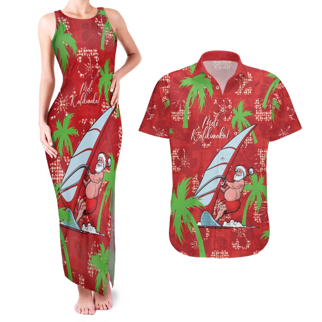 Aloha Hawaii Christmas Couples Matching Tank Maxi Dress and Hawaiian Shirt Mele Kalikimaka Windsurfing Santa Palaka Quilt Motifs - Polynesian Pride