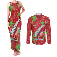Aloha Hawaii Christmas Couples Matching Tank Maxi Dress and Long Sleeve Button Shirt Mele Kalikimaka Windsurfing Santa Palaka Quilt Motifs - Polynesian Pride