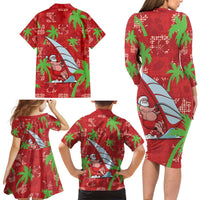 Aloha Hawaii Christmas Family Matching Long Sleeve Bodycon Dress and Hawaiian Shirt Mele Kalikimaka Windsurfing Santa Palaka Quilt Motifs - Polynesian Pride