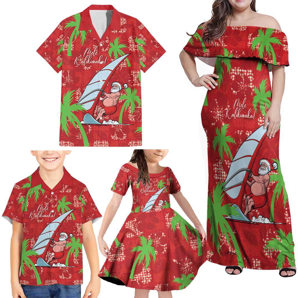 Aloha Hawaii Christmas Family Matching Off Shoulder Maxi Dress and Hawaiian Shirt Mele Kalikimaka Windsurfing Santa Palaka Quilt Motifs - Polynesian Pride