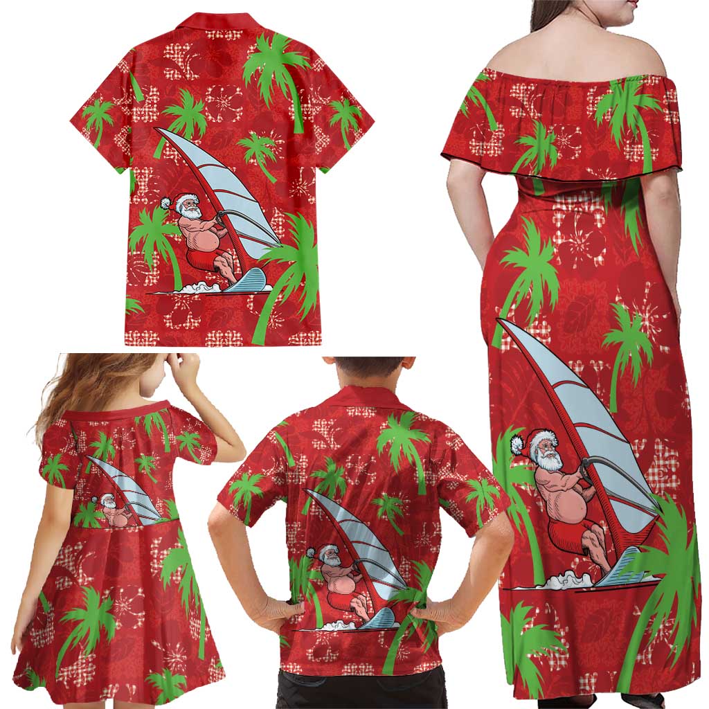 Aloha Hawaii Christmas Family Matching Off Shoulder Maxi Dress and Hawaiian Shirt Mele Kalikimaka Windsurfing Santa Palaka Quilt Motifs - Polynesian Pride