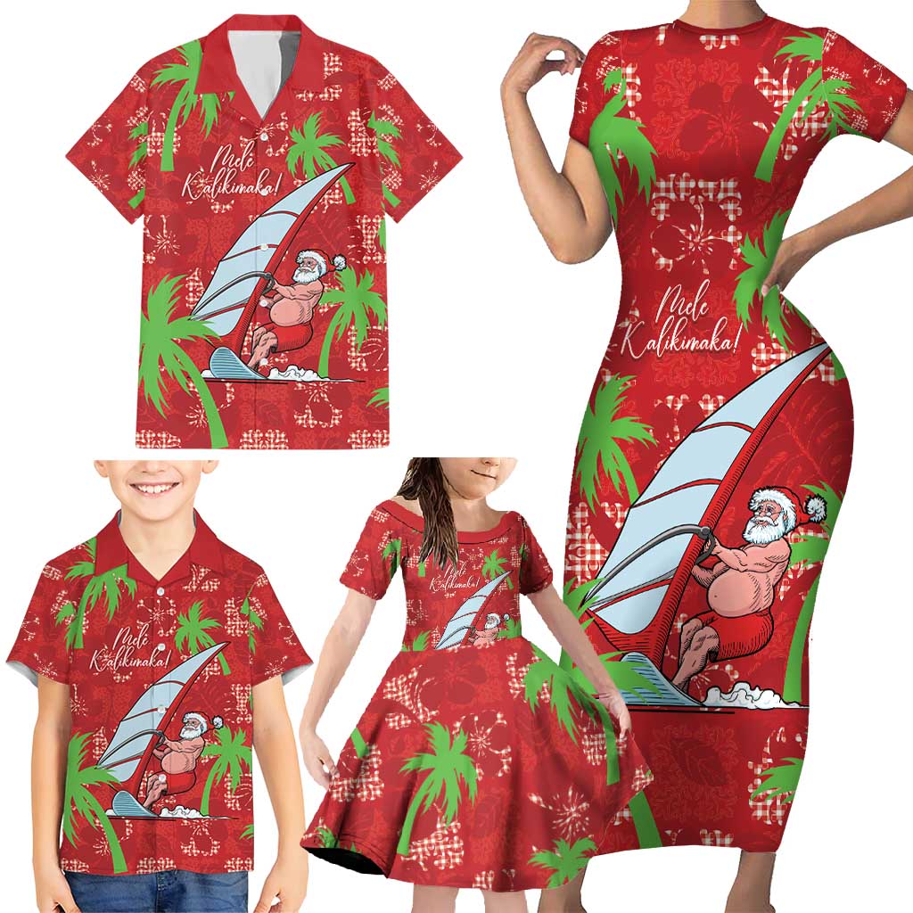 Aloha Hawaii Christmas Family Matching Short Sleeve Bodycon Dress and Hawaiian Shirt Mele Kalikimaka Windsurfing Santa Palaka Quilt Motifs - Polynesian Pride