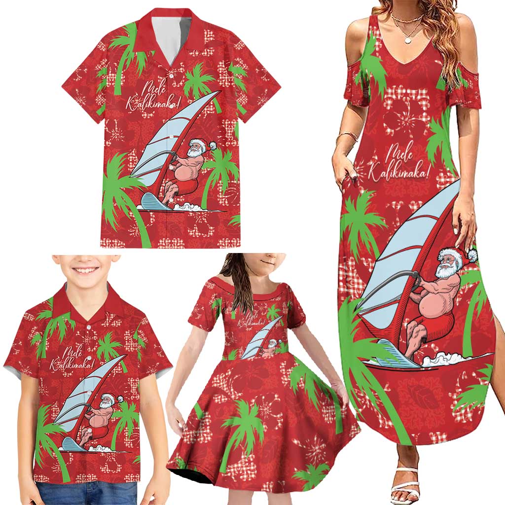 Aloha Hawaii Christmas Family Matching Summer Maxi Dress and Hawaiian Shirt Mele Kalikimaka Windsurfing Santa Palaka Quilt Motifs - Polynesian Pride