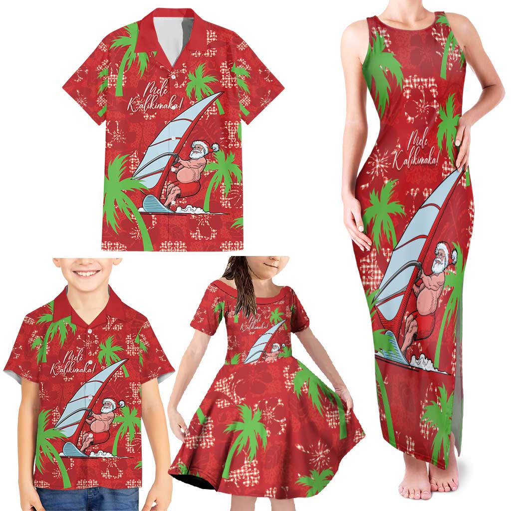Aloha Hawaii Christmas Family Matching Tank Maxi Dress and Hawaiian Shirt Mele Kalikimaka Windsurfing Santa Palaka Quilt Motifs - Polynesian Pride