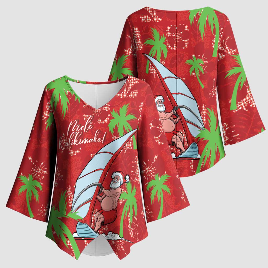 Aloha Hawaii Christmas Kimono Sleeve Blouse Mele Kalikimaka Windsurfing Santa Palaka Quilt Motifs - Polynesian Pride