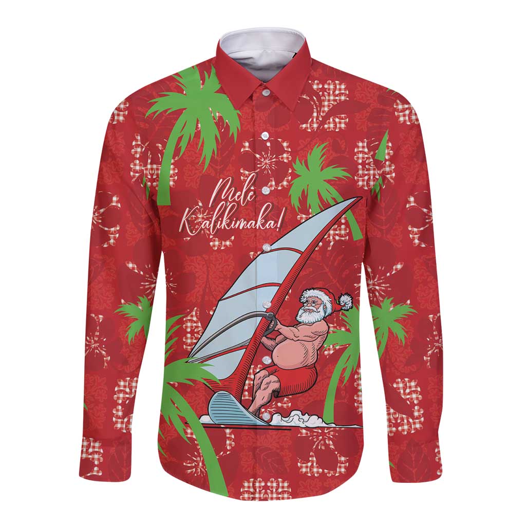 Aloha Hawaii Christmas Long Sleeve Button Shirt Mele Kalikimaka Windsurfing Santa Palaka Quilt Motifs - Polynesian Pride