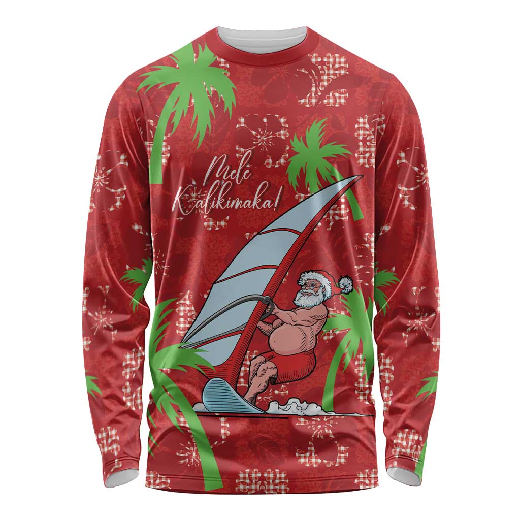 Aloha Hawaii Christmas Long Sleeve Shirt Mele Kalikimaka Windsurfing Santa Palaka Quilt Motifs - Polynesian Pride
