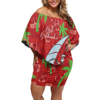 Aloha Hawaii Christmas Off Shoulder Short Dress Mele Kalikimaka Windsurfing Santa Palaka Quilt Motifs - Polynesian Pride