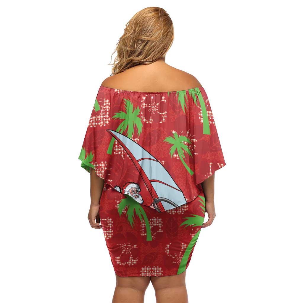 Aloha Hawaii Christmas Off Shoulder Short Dress Mele Kalikimaka Windsurfing Santa Palaka Quilt Motifs - Polynesian Pride