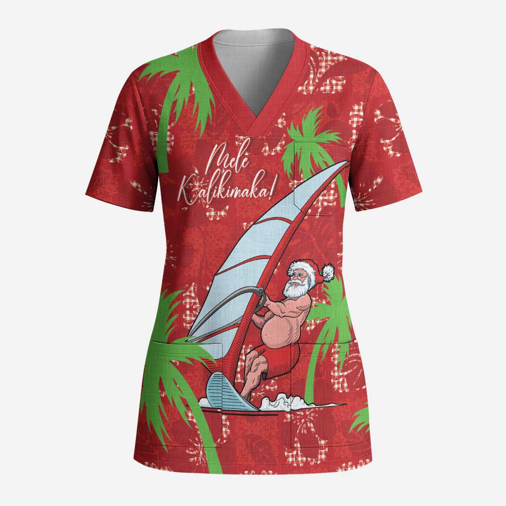 Aloha Hawaii Christmas Scrub Top Mele Kalikimaka Windsurfing Santa Palaka Quilt Motifs - Polynesian Pride