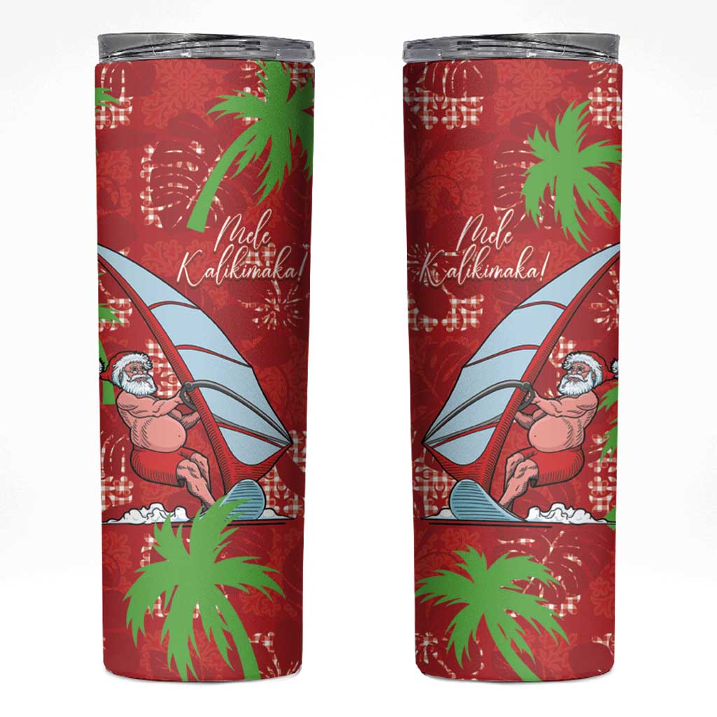 Aloha Hawaii Christmas Skinny Tumbler Mele Kalikimaka Windsurfing Santa Palaka Quilt Motifs - Polynesian Pride