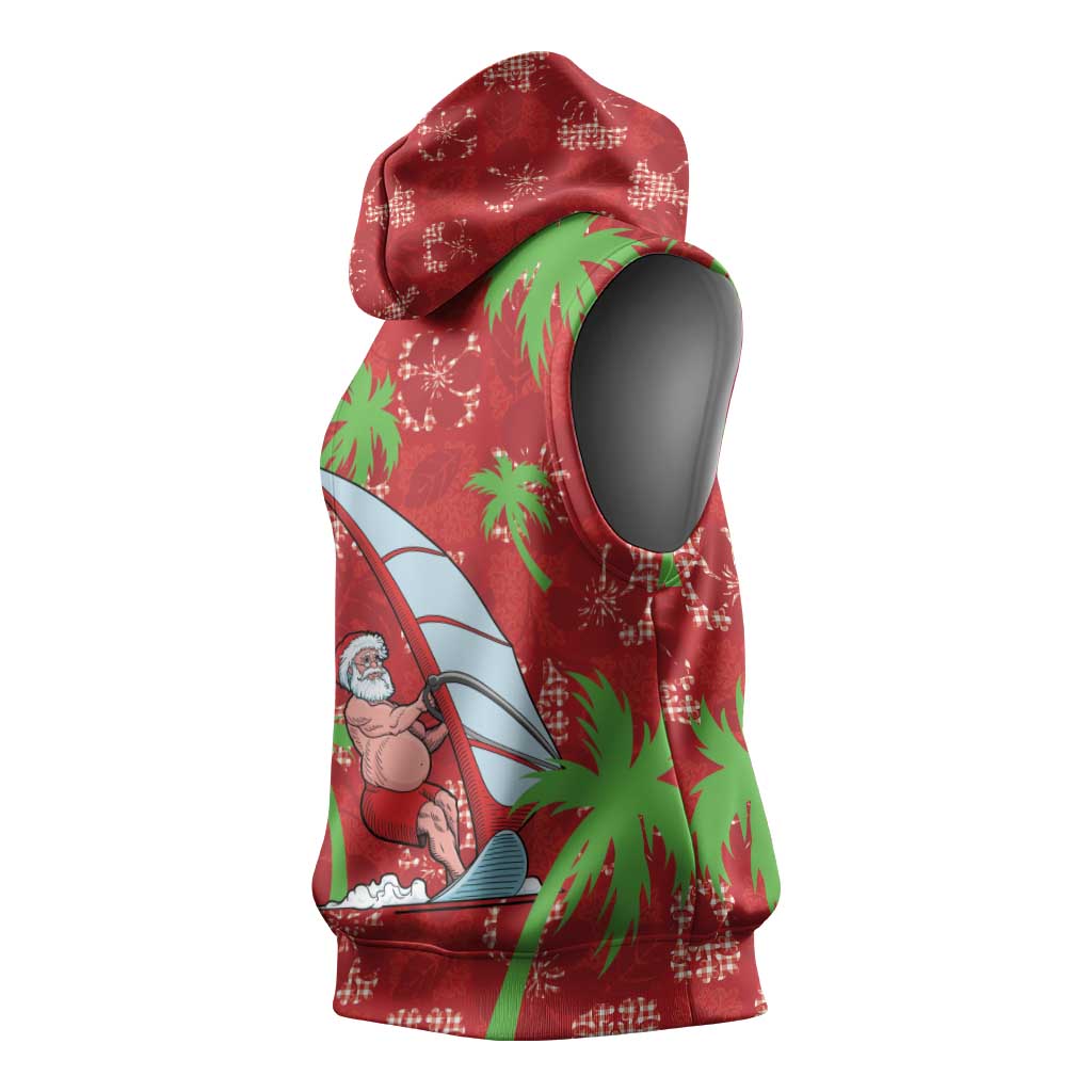 Aloha Hawaii Christmas Sleeveless Hoodie Mele Kalikimaka Windsurfing Santa Palaka Quilt Motifs - Polynesian Pride