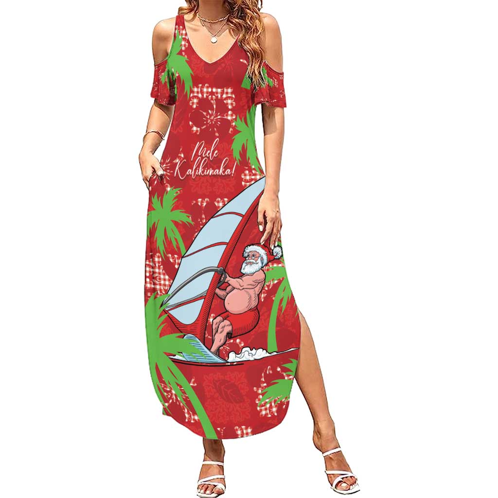 Aloha Hawaii Christmas Summer Maxi Dress Mele Kalikimaka Windsurfing Santa Palaka Quilt Motifs - Polynesian Pride