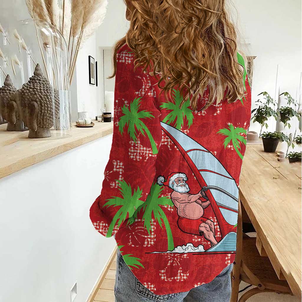Aloha Hawaii Christmas Women Casual Shirt Mele Kalikimaka Windsurfing Santa Palaka Quilt Motifs - Polynesian Pride