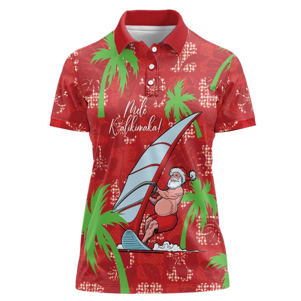 Aloha Hawaii Christmas Women Polo Shirt Mele Kalikimaka Windsurfing Santa Palaka Quilt Motifs - Polynesian Pride