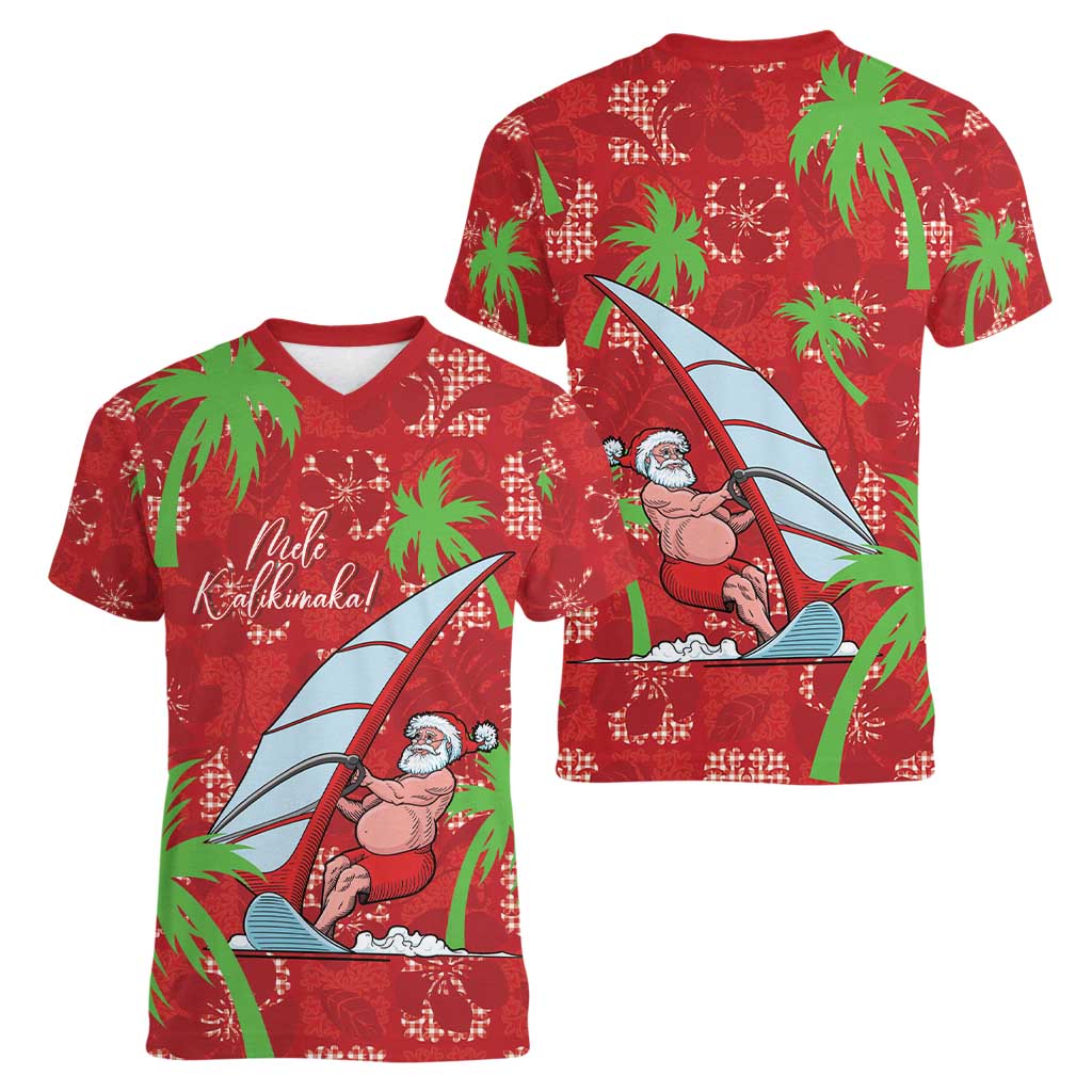 Aloha Hawaii Christmas Women V-Neck T-Shirt Mele Kalikimaka Windsurfing Santa Palaka Quilt Motifs - Polynesian Pride