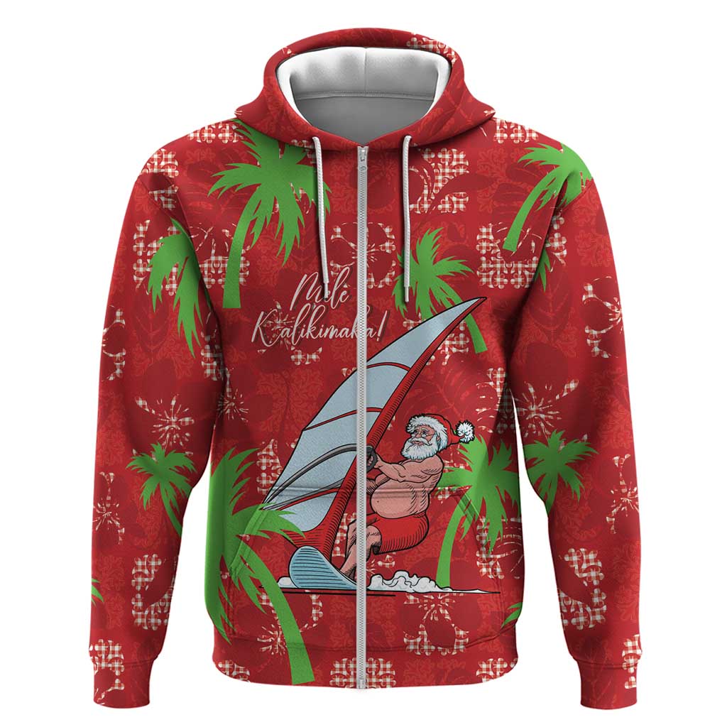 Aloha Hawaii Christmas Zip Hoodie Mele Kalikimaka Windsurfing Santa Palaka Quilt Motifs - Polynesian Pride