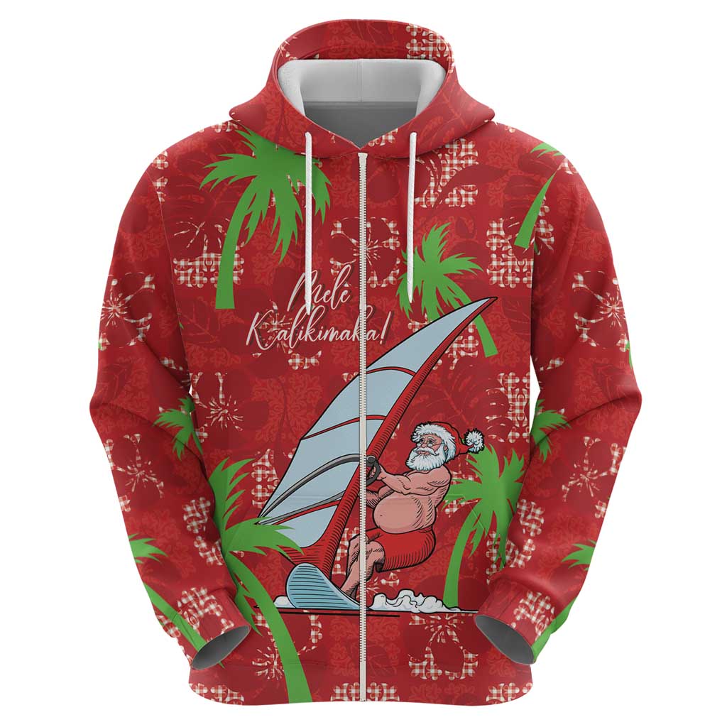 Aloha Hawaii Christmas Zip Hoodie Mele Kalikimaka Windsurfing Santa Palaka Quilt Motifs - Polynesian Pride