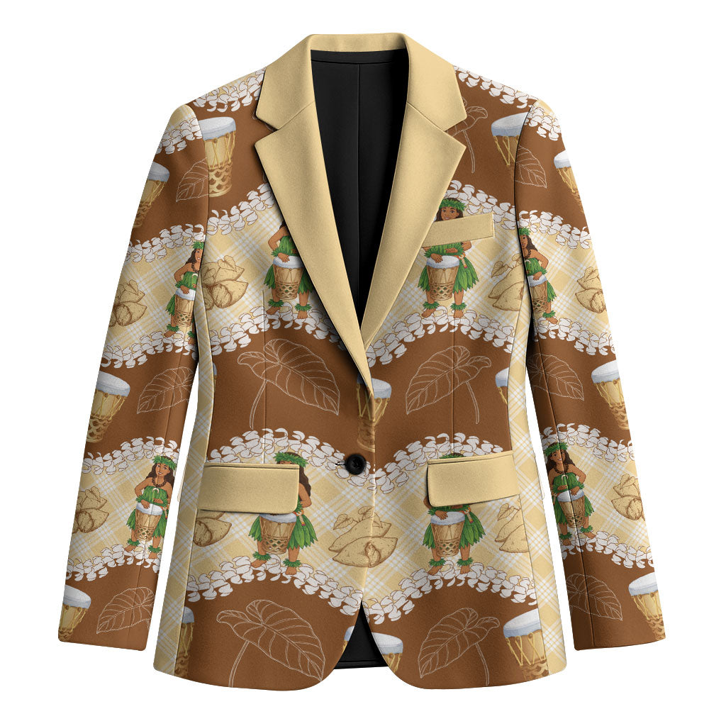 Hula Pahu Hawaii Makahiki Blazer Hawaiian Puakenikeni Lei Kalo Uala Palaka Motifs LT14 Unisex Brown - Polynesian Pride