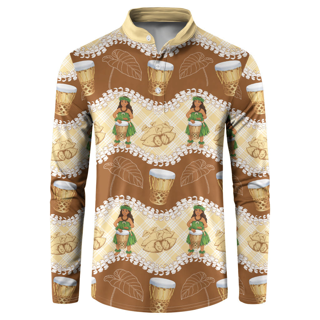 Hula Pahu Hawaii Makahiki Button Sweatshirt Hawaiian Puakenikeni Lei Kalo Uala Palaka Motifs LT14 Brown - Polynesian Pride